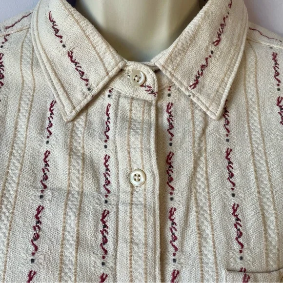 Vtg Woolrich Women’s Cream Burgundy/Red Tan Striped Cotton Button-Up Shirt Sz L - Picture 3 of 15